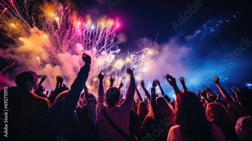 Crowd of People Watch Fireworks Display for New Years or Fourth of July Celebration comeliness
