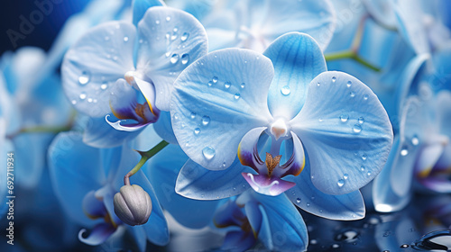 Beautiful fresh blue orchid flowers with water drops