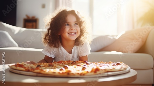 Cute little girl with pizza in the living room at home. Generative AI