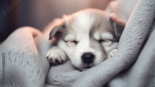 Cute alaskan malamute puppy sleeping on soft blanket Generative AI