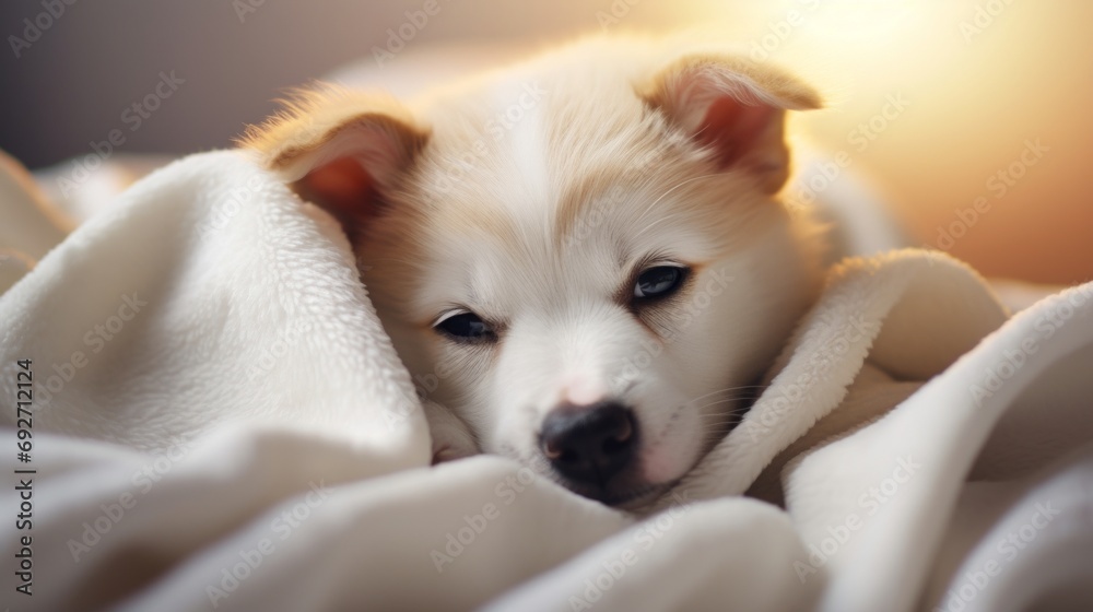 Cute puppy of siberian husky in white blanket. Generative AI Cute puppy of siberian husky in white blanket. Generative AI