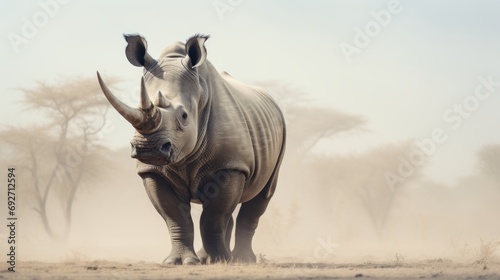 White rhinoceros (Ceratotherium simum) walking in the fog Generative AI photo
