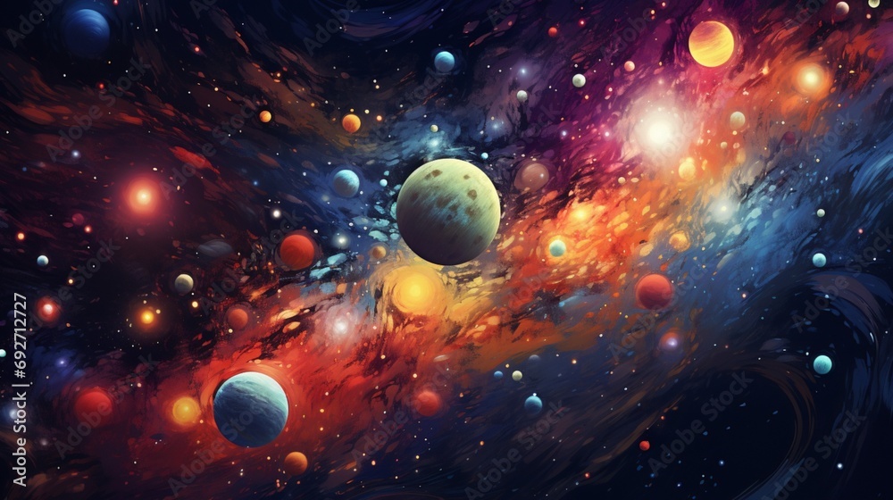 Playful and animated planets and stars forming a vibrant cosmic illustration - obrazy, fototapety, plakaty 