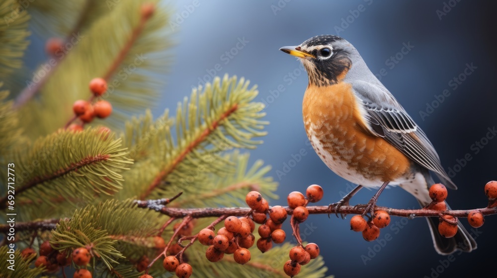 American Robin (Turdus migratorius) sitting on a branch with berries Generative AI American Robin (Turdus migratorius) sitting on a branch with berries Generative AI