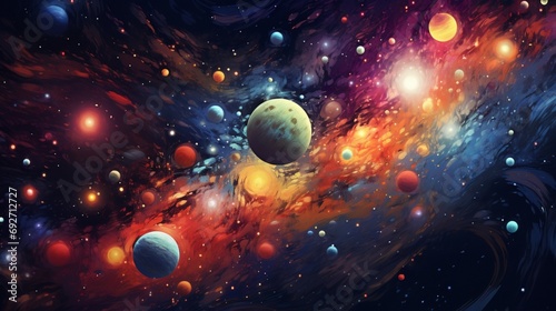 Playful and animated planets and stars forming a vibrant cosmic illustration photo