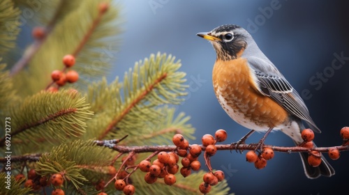 American Robin (Turdus migratorius) sitting on a branch with berries Generative AI photo