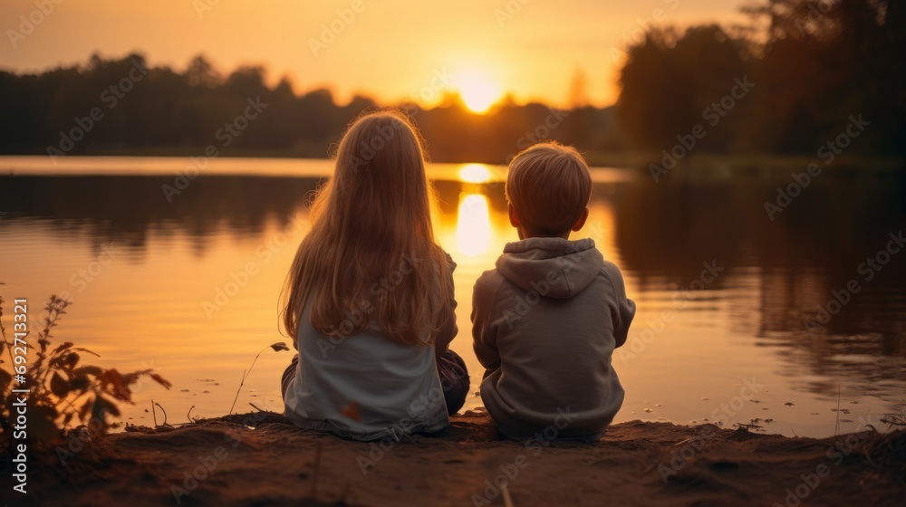 Little boy and girl sitting on the shore of the lake at sunset Generative AI Little boy and girl sitting on the shore of the lake at sunset Generative AI