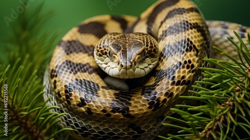 Close-up portrait of a yellow striped snake on the green background Generative AI