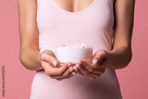 space blank background pink hands jar cream applying girl Unrecognizable woman skin care cosmetic product moisturise accessory beauty body closeup concept cosmetologist cosmetology cropped