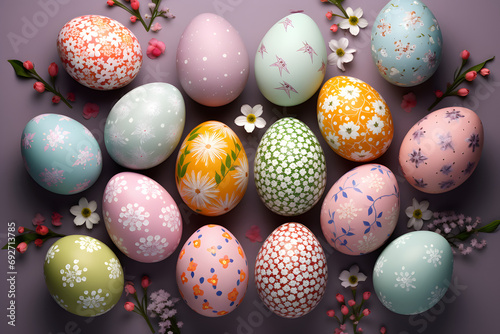 Decorated Easter eggs with floral patterns on a pastel background