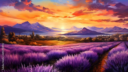 Sunset over a lavender field with distant mountains painted in warm hues