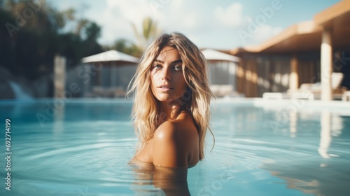 Beautiful young woman relaxing in the swimming pool. Vacation concept. Generative AI