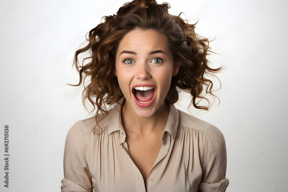 Excited woman with wavy hair and wide open eyes Excited woman with wavy hair and wide open eyes