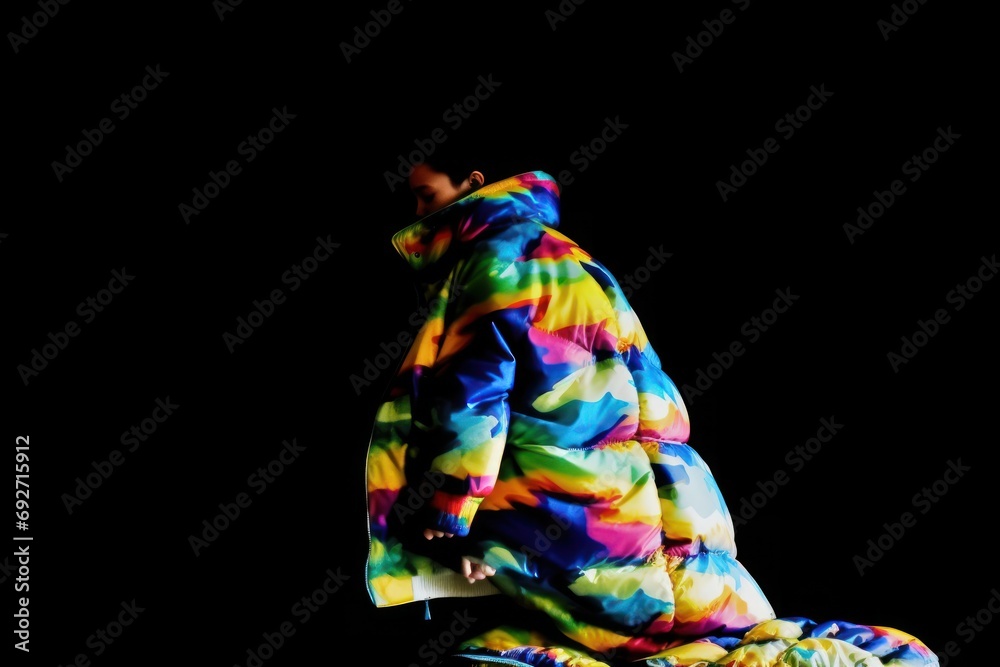 Stylish representation of a colorful designer jacket. Eye-catching puffer jacket in vibrant colors demonstrated on a dark studio background.