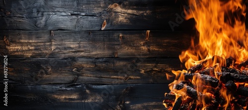 Panoramic BBQ background. Smoking wood plank background. Burned wooden grunge texture and flame. Copy space photo