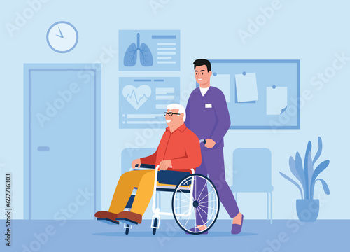 Vector illustration of a boy carrying a grandfather in a wheelchair. Cartoon scene of a boy helping a smiling grandfather in a wheelchair in a hospital corridor.Helping an elderly person.