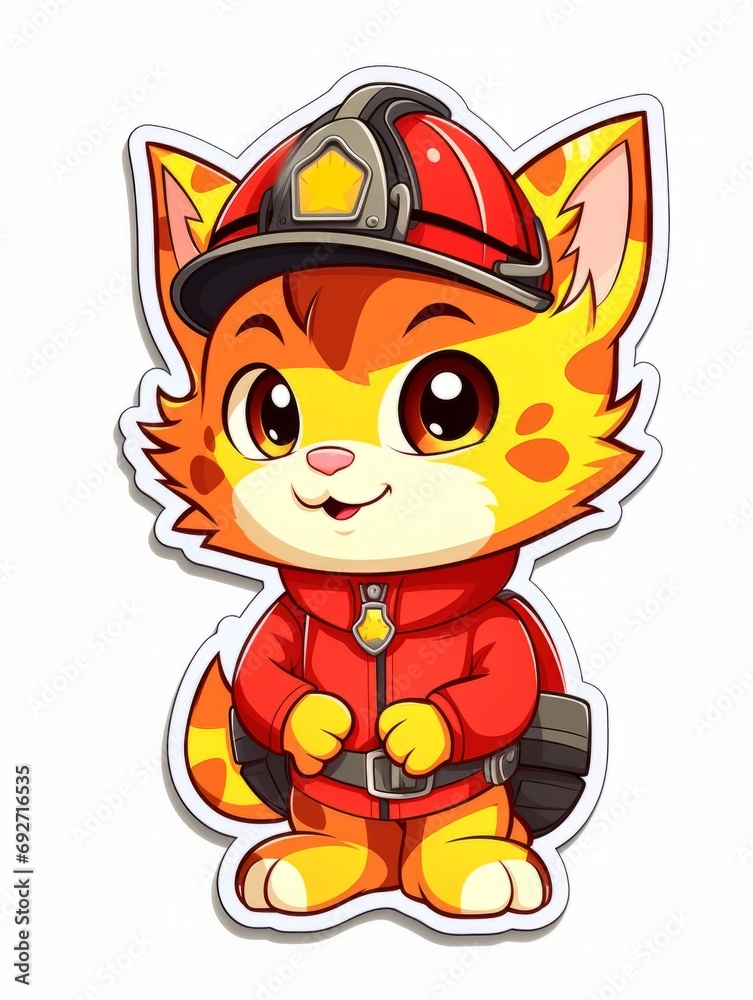 Cartoon sticker sweet kitten dressed as a fireman, AI Cartoon sticker sweet kitten dressed as a fireman, AI