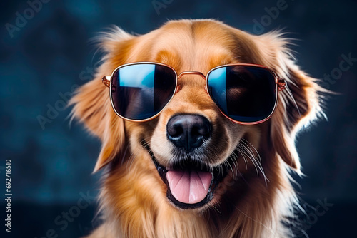 Smiling golden retriever dog wearing sunglasses. Advertising banner for a veterinary clinic, animal hotel. © Anastasiya