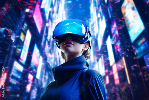 A woman wearing virtual reality glasses stands in a futuristic fictional city in neon colors. © Evgeniya Uvarova