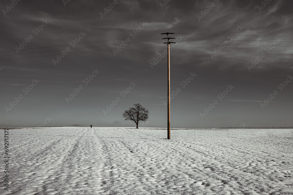 Minimalism, black and white art photo, landscape in winter