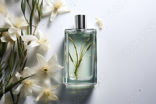 background aroma cologne beauty cosmetic product package bottle perfume glass view top fragrance beautiful smell spa aromatic accessory decorative fashion make up shadow table white glamour skin