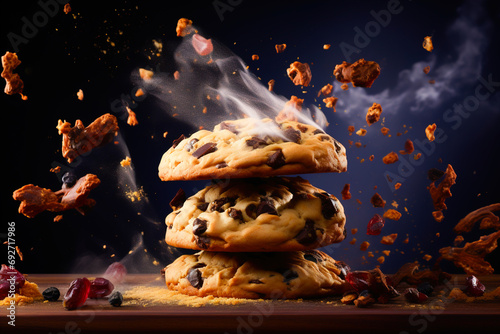A stack of delicious chocolate chip cookies with crumbs and chocolate chips flying around.