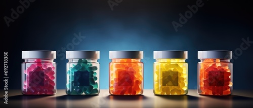 Colorful jelly gummy bears in transparent jars against dark background with vibrant backlit illumination. Creative presentation of sweet treats and snacks.