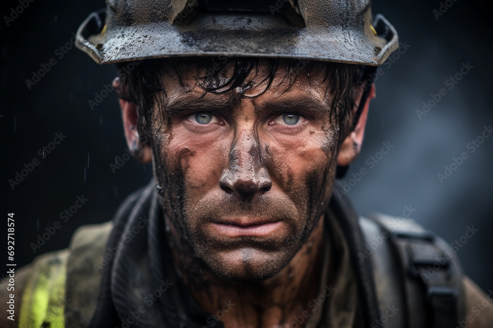 firefighter after a rescue, soot and sweat on face, relief and exhaustion in the eyes firefighter after a rescue, soot and sweat on face, relief and exhaustion in the eyes