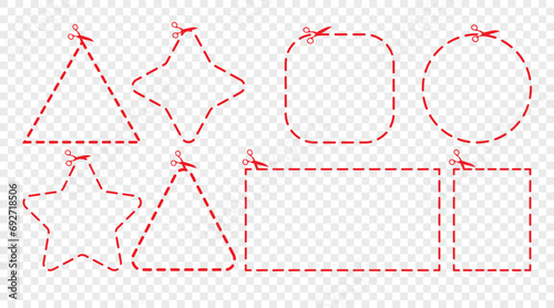 Vector cutting lines icon set. Geometric shapes. Red dashed outline objects with scissors on transparent background