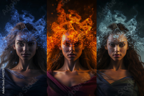 Portrait embodying the four elements, face divided into quadrants of earth, air, fire, water photo