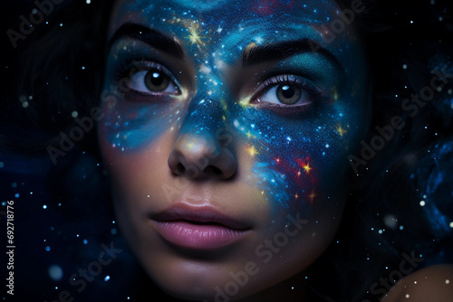 Portrait with galaxy theme, skin as starry night sky, eyes as nebulae