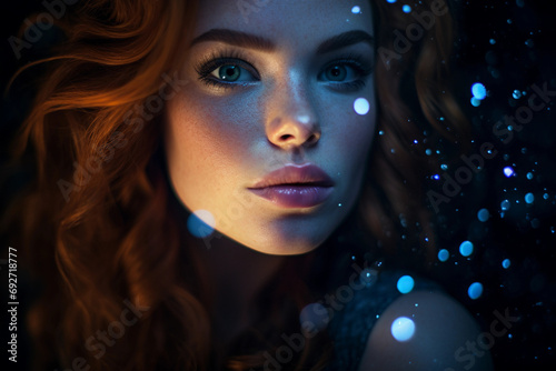 Portrait with galaxy theme, skin as starry night sky, eyes as nebulae