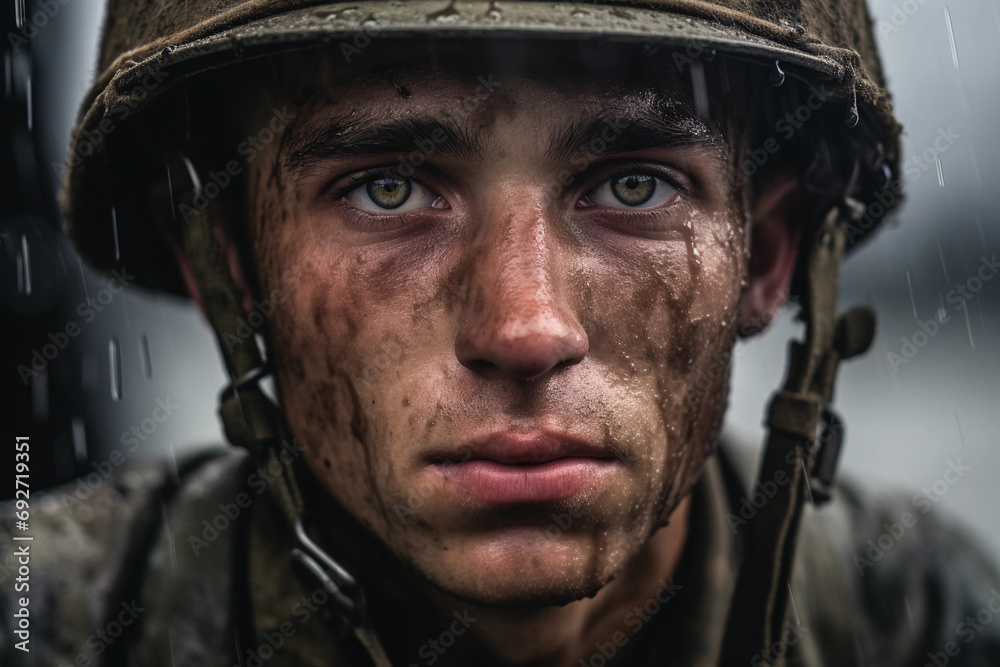 A reflective moment captured in the eyes of a soldier in uniform A reflective moment captured in the eyes of a soldier in uniform