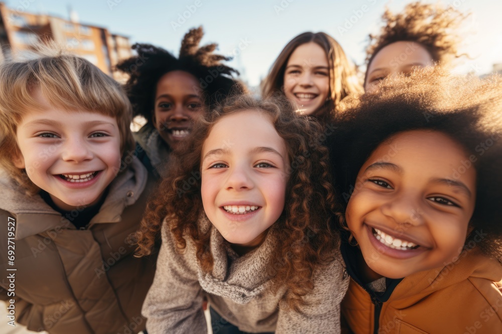 Portrait of diverse children taking selfie outside