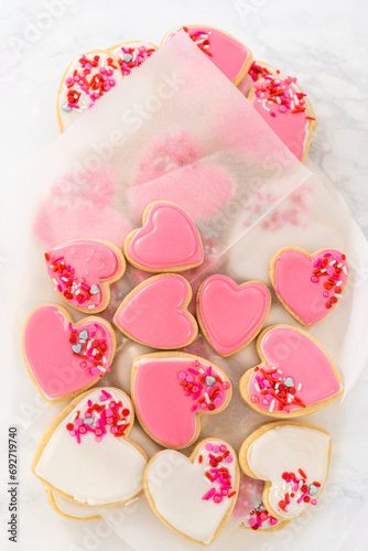 Heart-shaped sugar cookies with royal icing