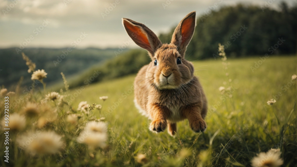 Jumping rabbit on the meadow in spring scenery Jumping rabbit on the meadow in spring scenery