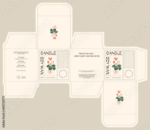 Editable vector box dieline for print. Packaging design for beauty cosmetics, soy candle.