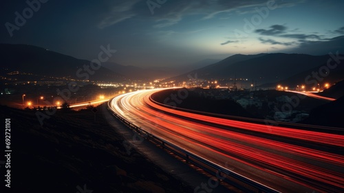 Long exposure light trails at night. Highway in the mountains. AI Generated