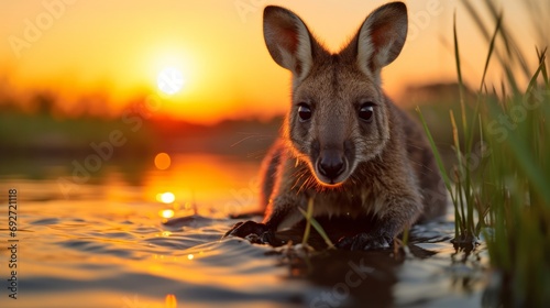 Kangaroo in the water at sunset. Australian kangaroo Generative AI