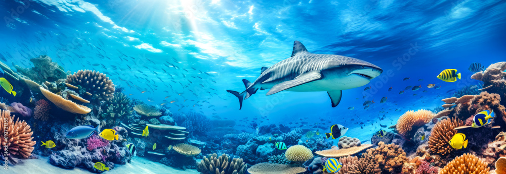 Coral reef with tropical fish and shark. Underwater panorama - obrazy, fototapety, plakaty 