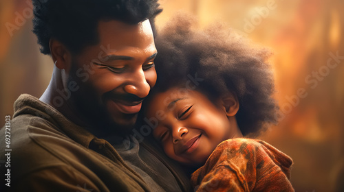 Happy African American father and son in autumn park. Fatherhood concept photo