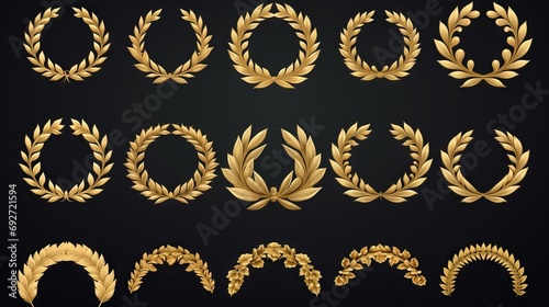 Gold laurel wreaths set. Collection of golden laurel wreaths. illustration Generative AI photo