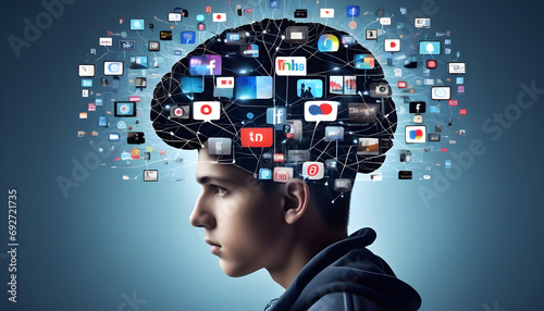 People with TV screens on the brain, addicted to social media, manipulation and mind control, by media, teenager disconnected to reality photo