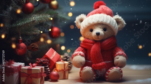 Teddy bear in a red scarf and hat sitting on the background of a Christmas tree. Generative AI
