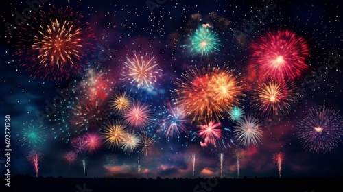 Colorful fireworks of various colors over night sky background. illustration Generative AI