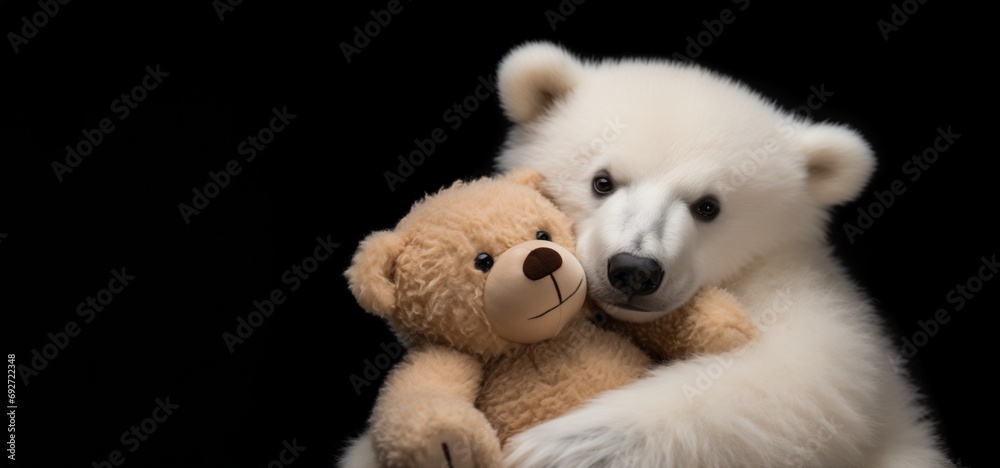 Polar bear cub hugging a bear toy, on black background Polar bear cub hugging a bear toy, on black background