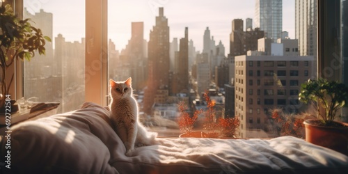 Candid shot of a cat lounging in a cozy city apartment, peeking through the window at the urban landscape below , concept of Coziness