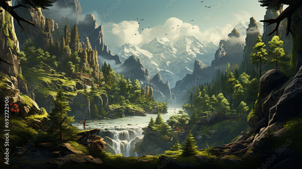 mountainous forest landscape, with steep slopes, rocky outcrops, and a