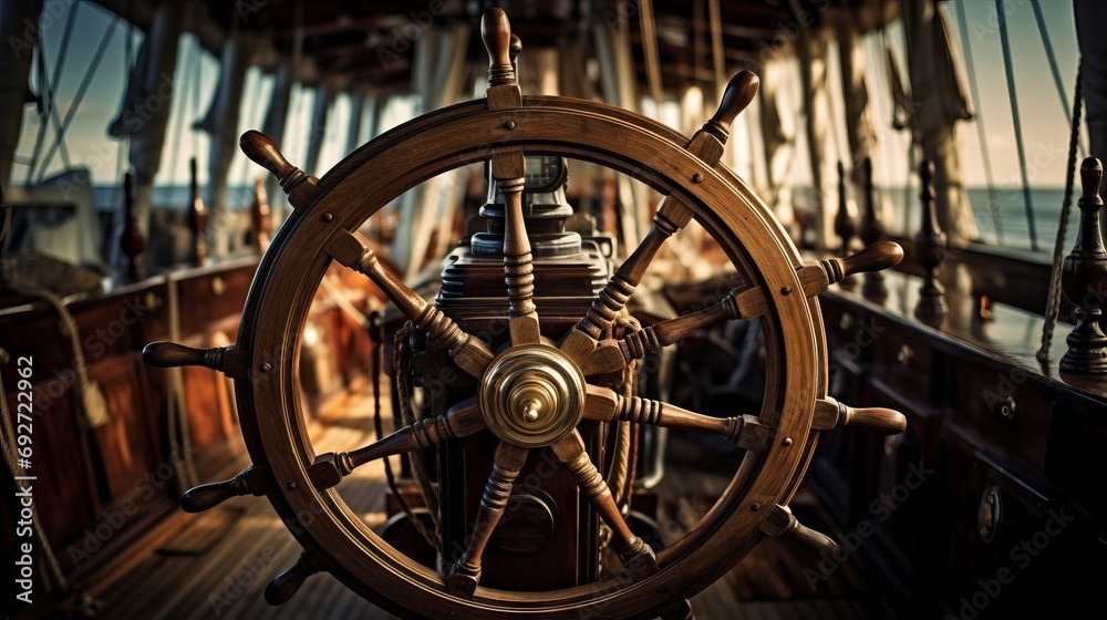 Steering wheel on the deck of a sailing ship at sunset. Generative AI