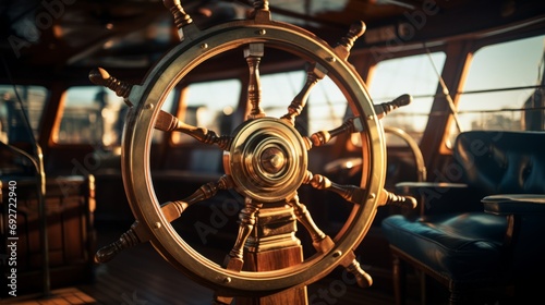 Steering wheel of a cruise ship, vintage style, toned Generative AI